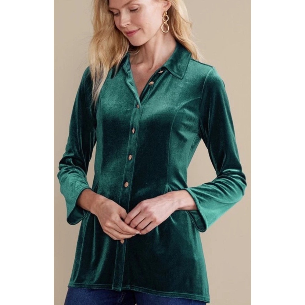 Soft Surroundings Fiona Green Velvet Gold Button up Tunic Luxury Holiday Work L